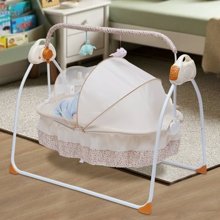 Electric Baby Crib Cradle, 5-Speed Baby Bassinet Auto Rocking Chair Chair Bed with Remote Control Infant Musical Sleeping Basket for 0-18 Months Newborn Babies 25KG/55LBS Capacity (Khakise)