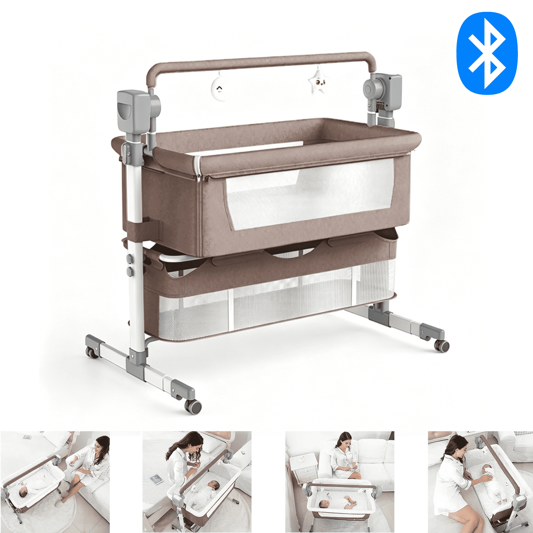 Electric Baby Crib Cradle Newborn Movable Rocking Bed Smart Portable Crib with Mosquito Net for Newborn,Bluetooth Music Speaker,Khaki