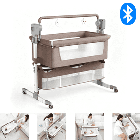 Electric Baby Crib Cradle Newborn Movable Rocking Bed Smart Portable Crib with Mosquito Net for Newborn,Bluetooth Music Speaker,Khaki