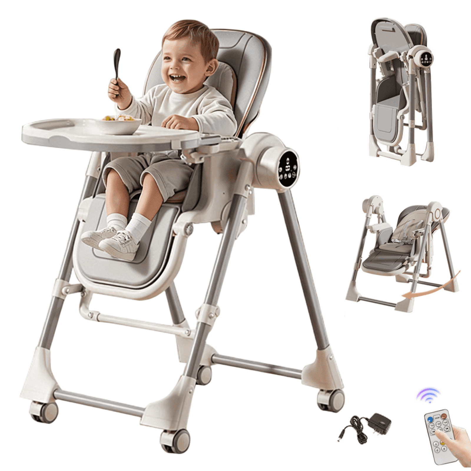 Electric Baby High Chair Baby Feeding Chair with Remote Control Foldable Infant Dining Chair with Wheels Baby Swing for 0-4 Years,Unisex,Grey