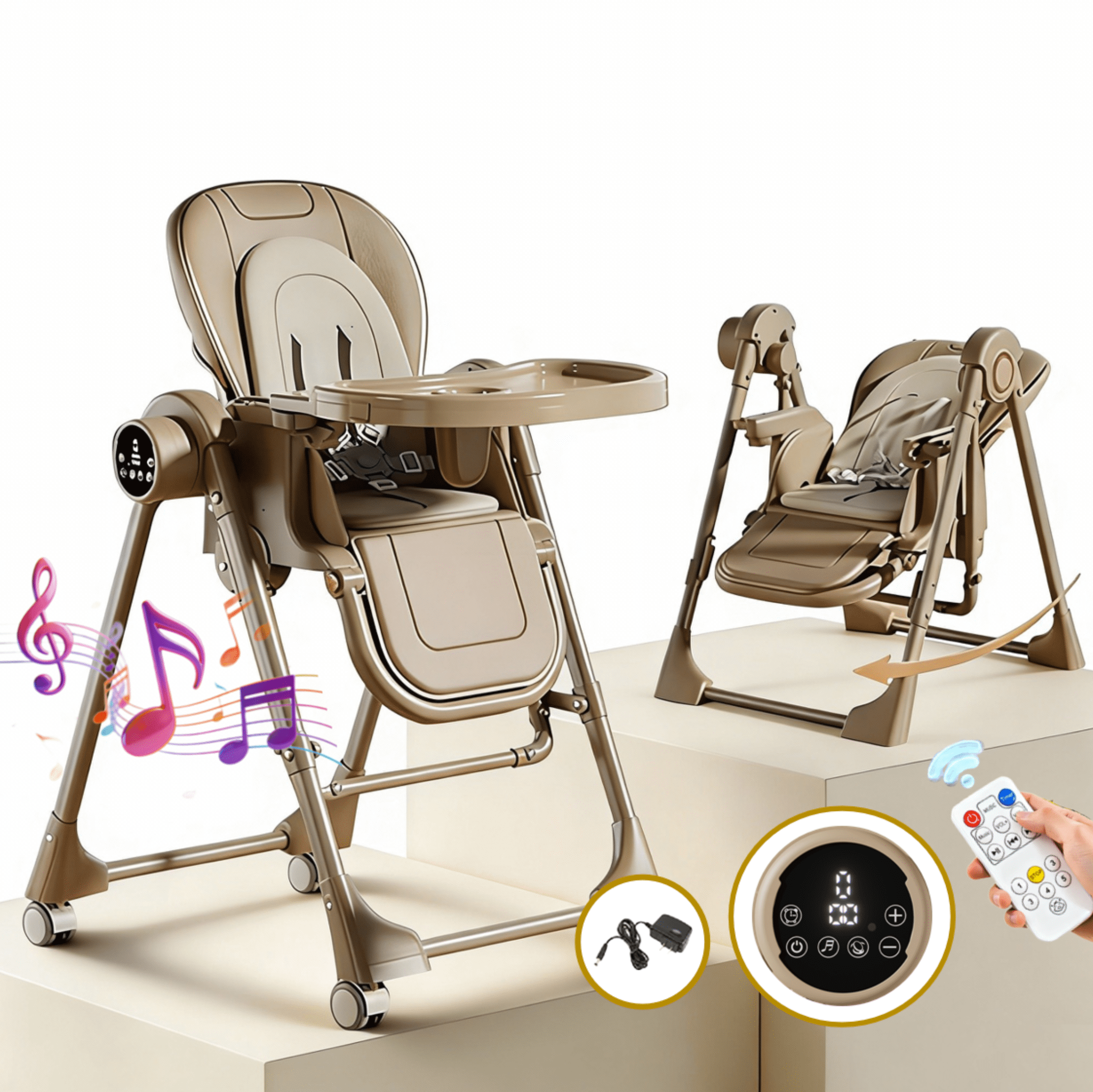 Electric Baby High Chair & Baby Swing Adjustable Height for Eating,Portable ,Folding Baby Dining Chairs with Detachable Double Trays, Unisex,KHAKI