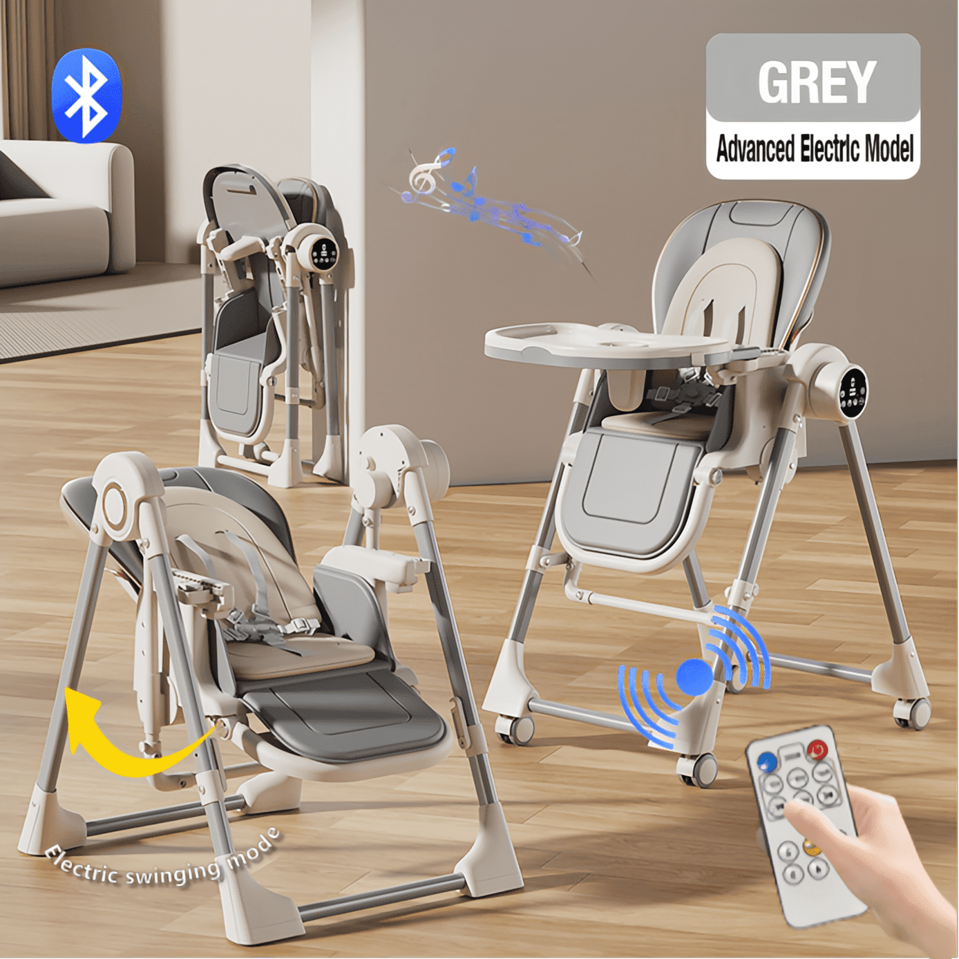 Electric Baby High Chair & Baby Swing Adjustable Seat for Eating,Portable ,Folding Baby Dining Chairs with Detachable Double Trays, Unisex,GREY