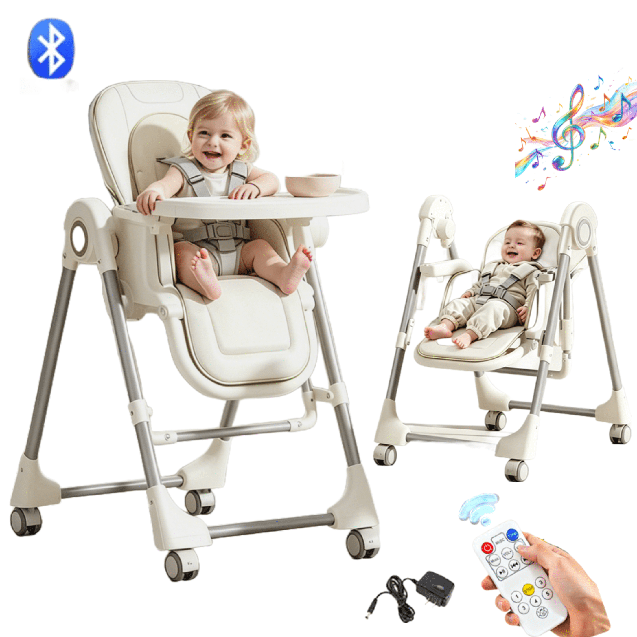 Electric Baby High Chair & Baby Swing Adjustable Seat for Eating,Portable ,Folding Baby Dining Chairs with Detachable Double Trays, Unisex,WHITE