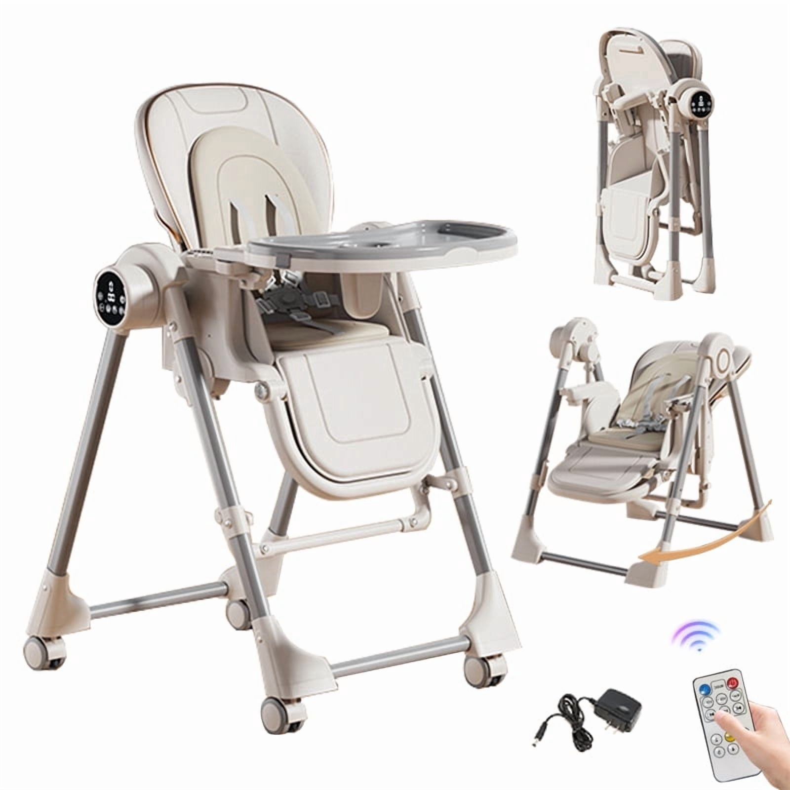 Electric Baby High Chair Convertible Baby Swing for Eating, Folding Baby Dining Chairs with Remote Control Adjustable Seat for Toddler Infant,WHITE