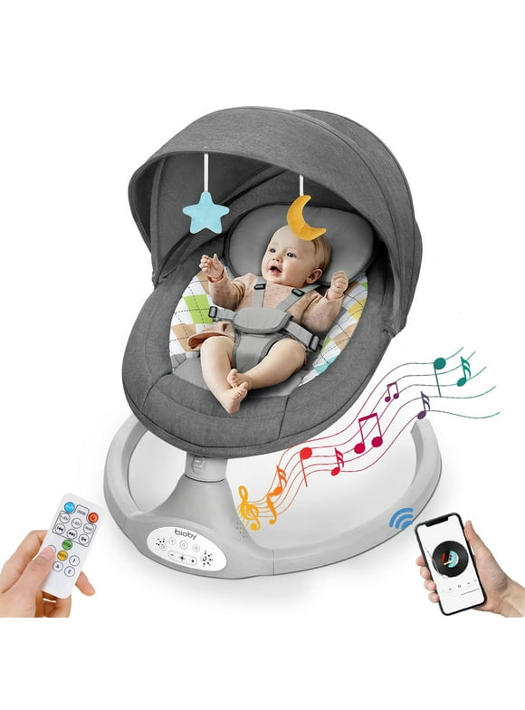 Electric Baby Swing, Bioby Infant Swing Chair Rocker with Remote Control, 5 Swing Speeds, Seat Belt, Bluetooth Music, Grey