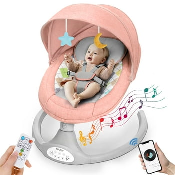 Electric Baby Swing, Bioby Infant Swing Chair Rocker with Remote Control, 5 Swing Speeds, Seat Belt, Bluetooth Music, Pink