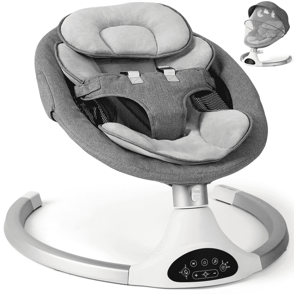 Baby Swing for Infants - Electric Infant Swing with 3 Swing Speeds and 10 Lullabies, Portable Indoor Baby Rocker, Touch Screen Control and Remote Control, Bluetooth, Grey