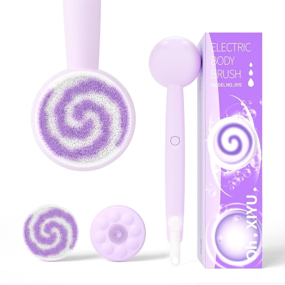 Electric Back Scrubber for Shower Body Brush, Waterproof Shower Body Scrubber for Cleansing, Massaging, Rechargeable Bath Brush for Kids & Adults with 2 Heads & 3 Speed Modes, Taro Purple