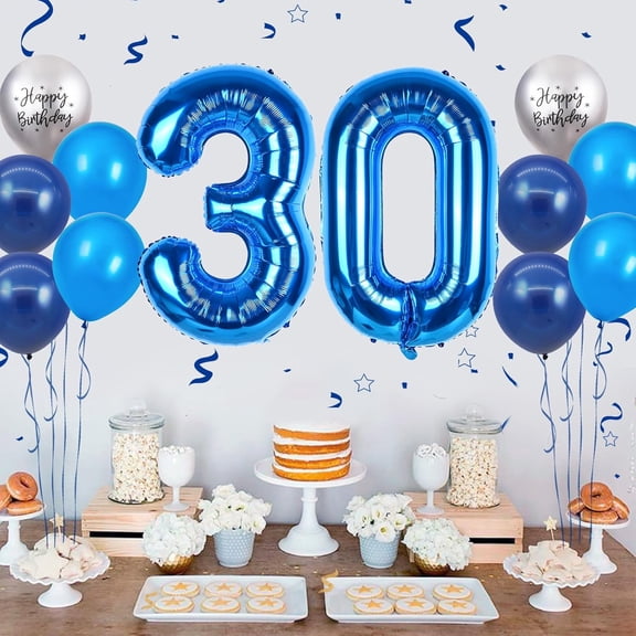 Electric Balloon Pump with Blue 30 Balloons Set, Portable Dual Nozzle Pump for Birthday Party Decoration