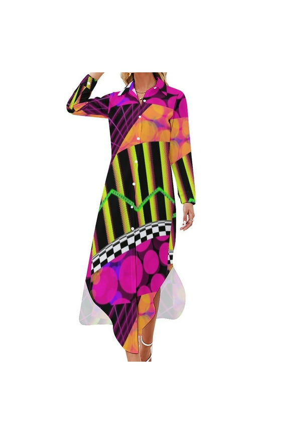 Electric BananaWaves - 80's style neon abstract graph grid Long Sleeved Shirt Dress elegant dress women's luxury party dress