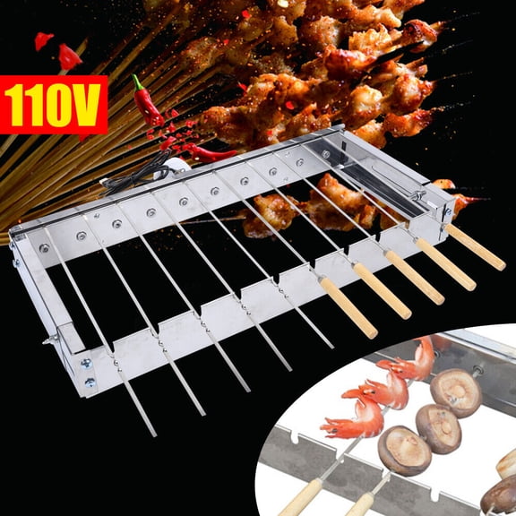 Electric Barbecue Skewer Rack for Grilling with 10pcs Stainless Steel BBQ Shish Kabob Skewer Sticks (Automatically Rotary)