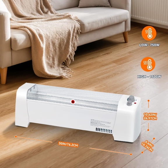 Electric Baseboard , 1500W Convection with Adjustable Thermostat and Overheat Protection, Silent Operation for Indoor Use, White