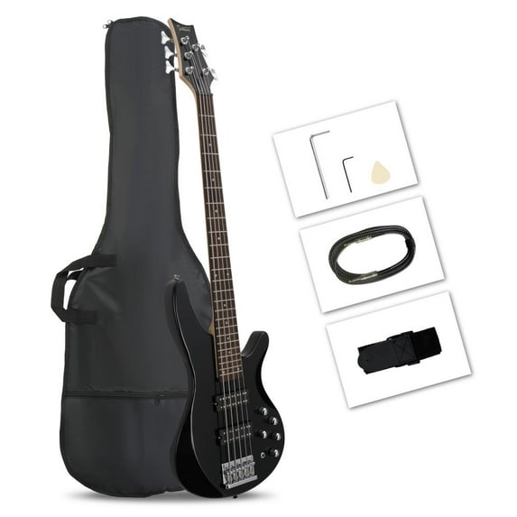 Electric Bass Guitar, 5 Strings Full-Size Bass, GIB H-H Pickup Laurel Wood Fingerboard Electric Bass with Carry Bag, Guitar Strap and Guitar Cable Included, Right Handed, Black
