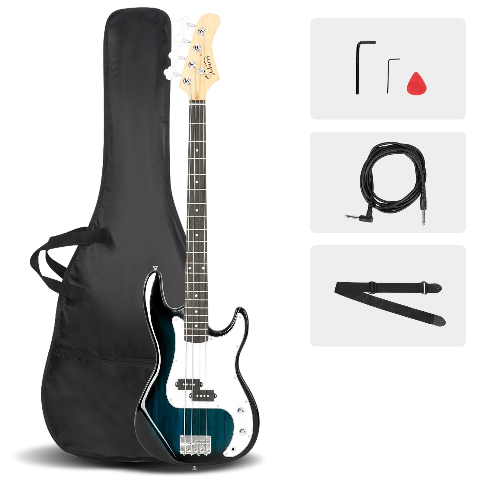 Electric Bass Guitar Full Size Standard Beginner Kit 4 String Cable Strap Carry Bag Blue