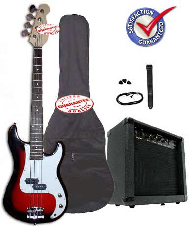 Electric Bass Guitar Pack with 20 Watts Amplifier, Gig Bag, Strap, and Cable, Cherryburst