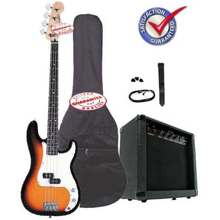 Electric Bass Guitar Pack with 20 Watts Amplifier, Gig Bag, Strap, and Cable, Sunburst
