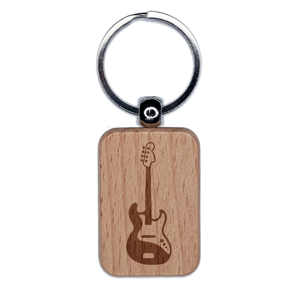 Electric Bass Guitar Rock Musical Instrument Rectangle Keychain Charm Tag - Engraved Wood