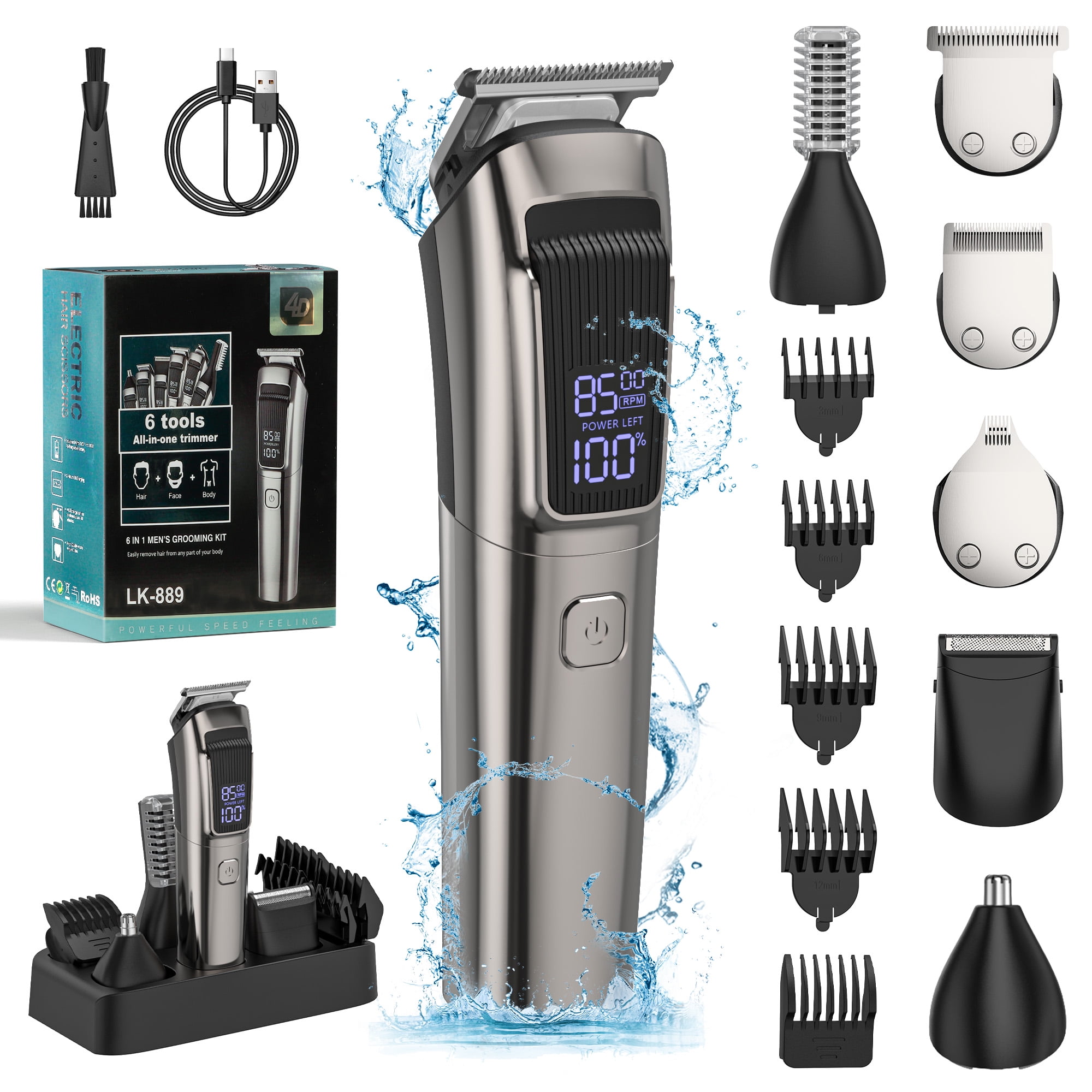 Beard Trimmer for Men, IPX7 Waterproof Mens Grooming Kit with Cordless Hair Clippers, Electric Razor with LED Display, Shavers for Mustache, Body, Face, Ear, Nose Hair Trimmer, Gifts for Men
