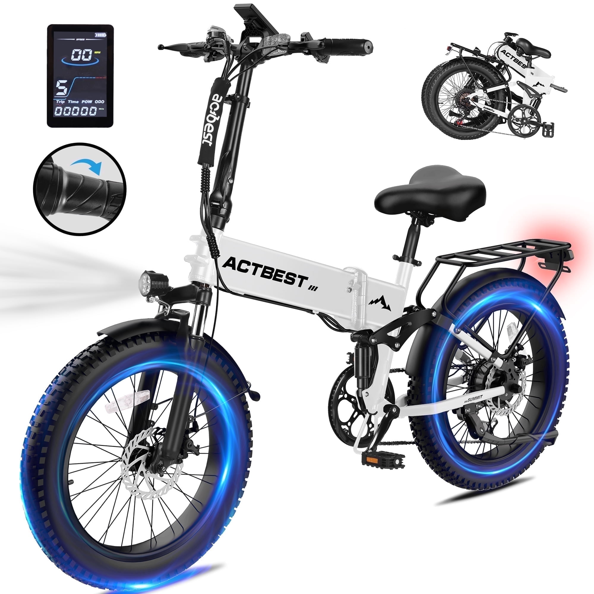 Electric Bicycle for Adults,1200W Peak Motor 28MPH Max Speed 48V 12AH, with Dual Suspension 20" Fat Tire Folding Ebike,7-Speed E Bicycle White
