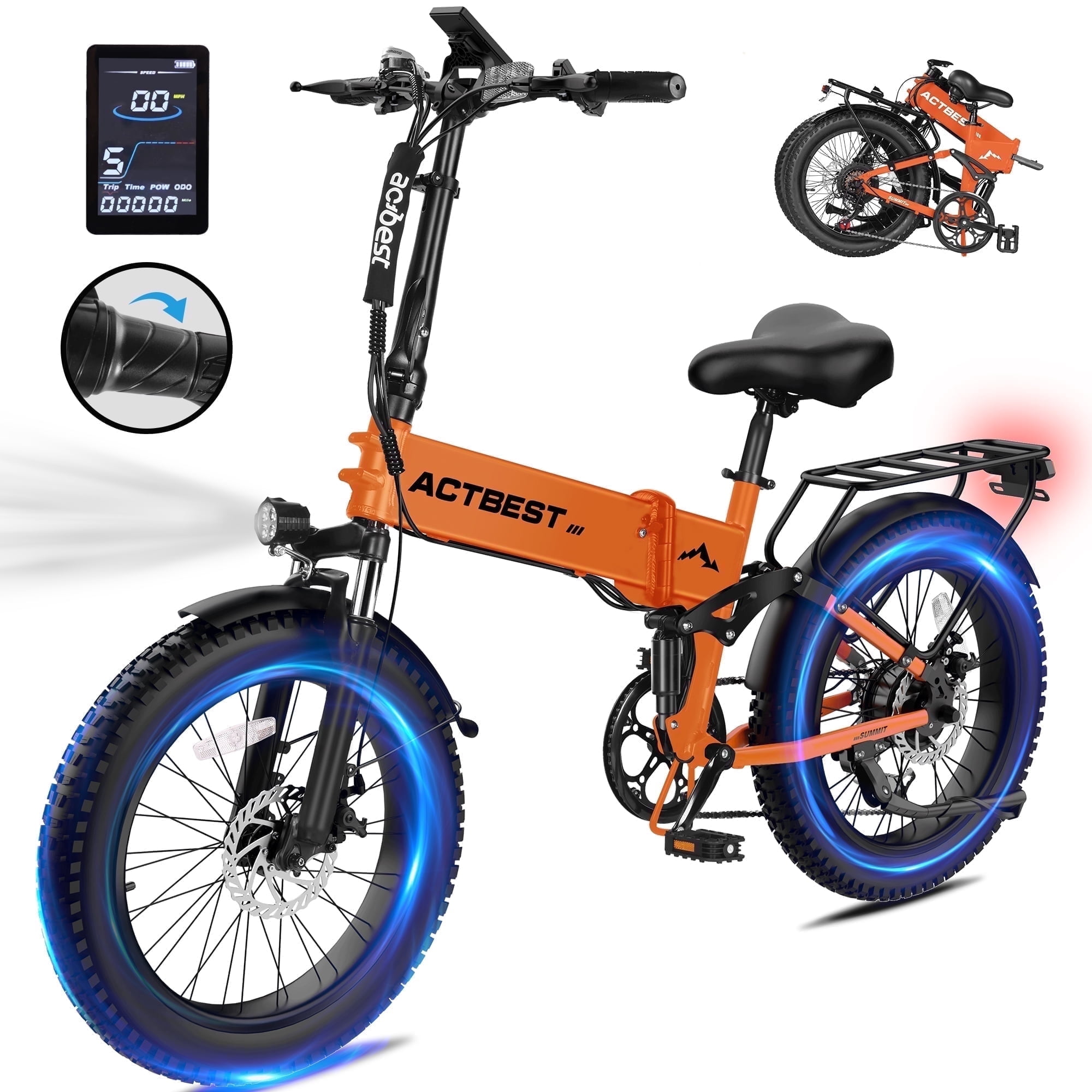 Electric Bicycle for Adults,1200W Peak Motor 28MPH Max Speed 48V 12AH, with Dual Suspension 20" Fat Tire Folding Ebike,7-Speed E Bicycle Orange
