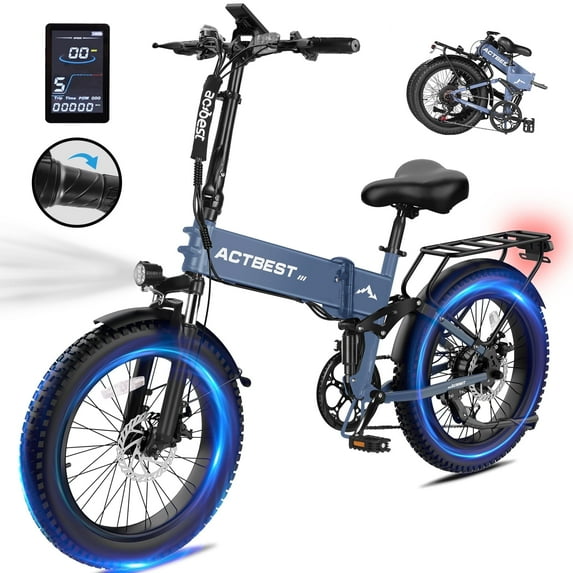 Electric Bicycle for Adults,1200W Peak Motor 28MPH Max Speed 48V 12AH, with Dual Suspension 20" Fat Tire Folding Ebike,7-Speed E Bicycle Blue