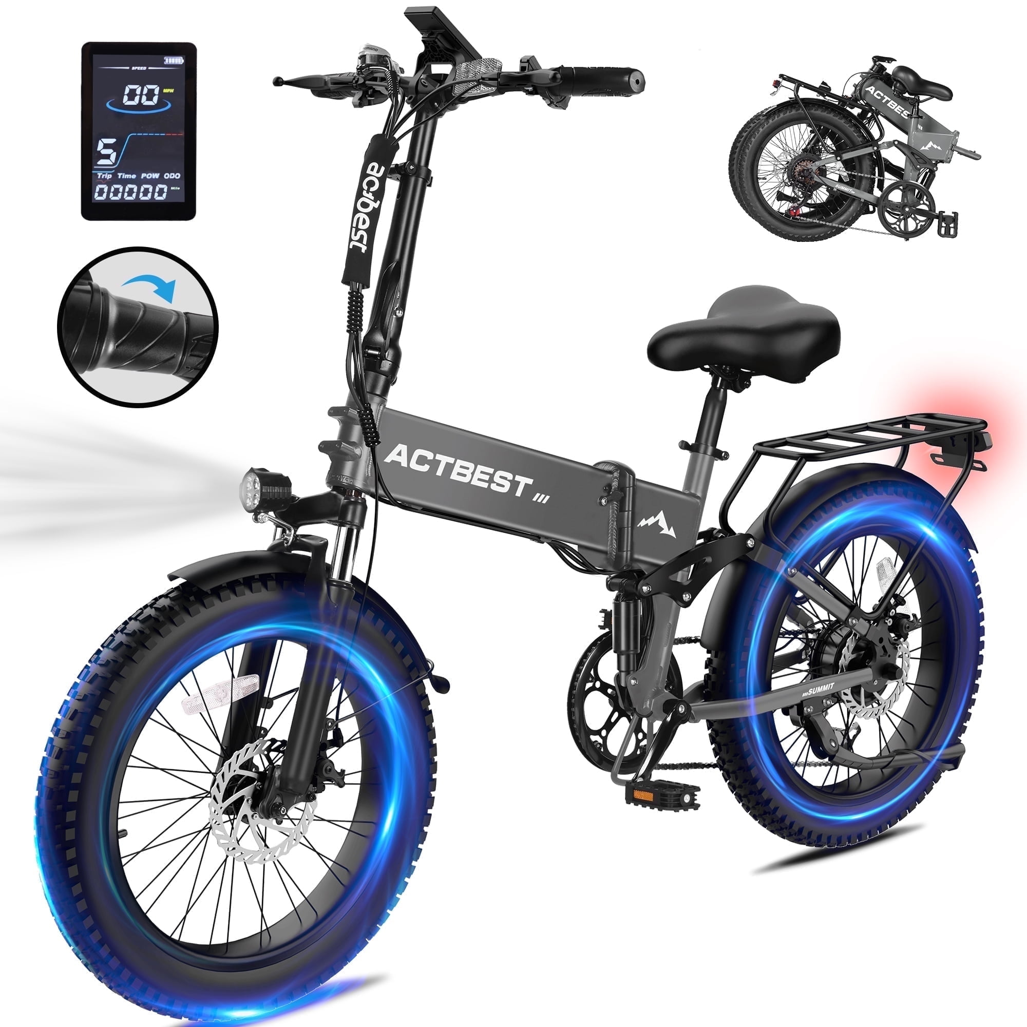 Electric Bicycle for Adults,1200W Peak Motor 28MPH Max Speed 48V 12AH, with Dual Suspension 20" Fat Tire Folding Ebike,7-Speed E Bicycle Gray