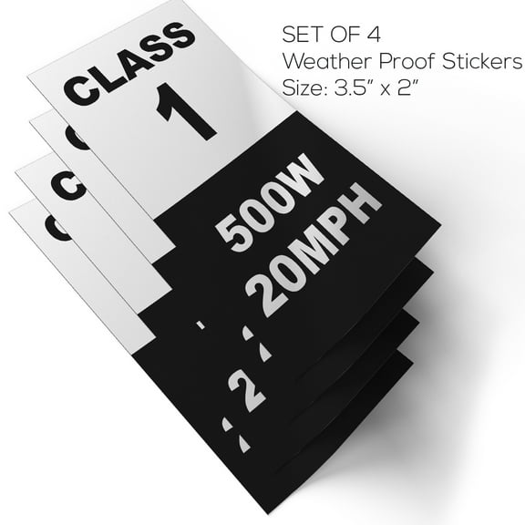 Electric Bicycle Frame Identification Class Number Stickers Decals - Class 1 500W 20MPH Weatherproof vinyl stickers set - electric bike stickers class number sign mark - 4 Removable Sticker e-bike