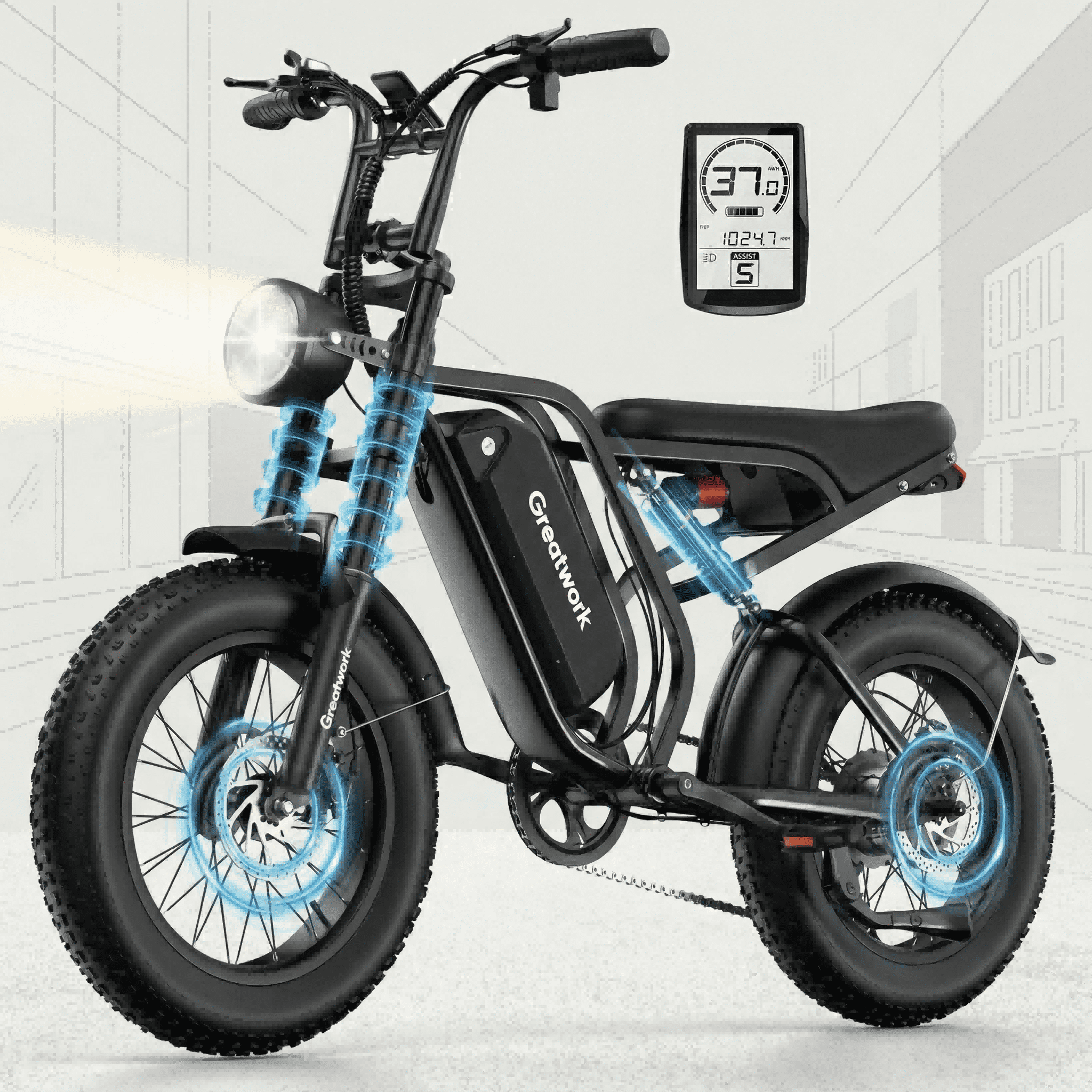 Electric Bicycle Peak 2500W for Adults,37MPH 100Miles, 48V 25Ah, 20*4in Fat Tire 7-Speed Full Suspension Mountain E Bike All-Terrain UL 2849