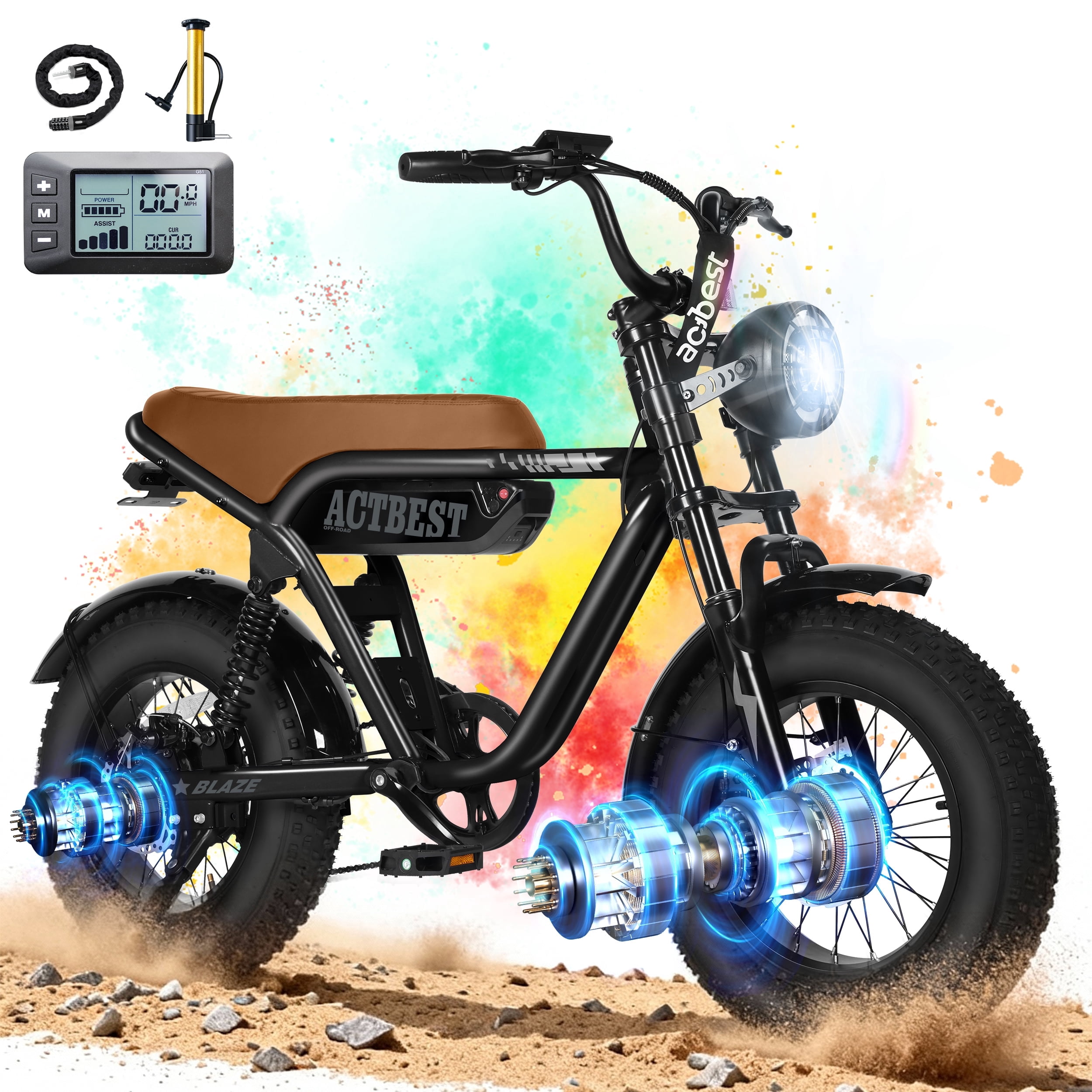 Actbest Electric Bike for Adults & Teens, 750W (Peak 1500W) Motor, 16"x4.0" Fat Tire Ebike 25MPH, 48V 10.4AH Battery, 7-Speed Mountain Bike with Lock, UL2849
