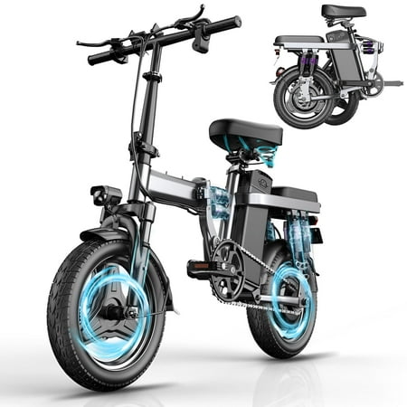 Electric Bike, 20MPH 400W Peak Electric Bike For Adults, Up To 35Miles Adult Electric Bicycles With 2 Seats, 14'' Tire Folding Ebike For Commuter