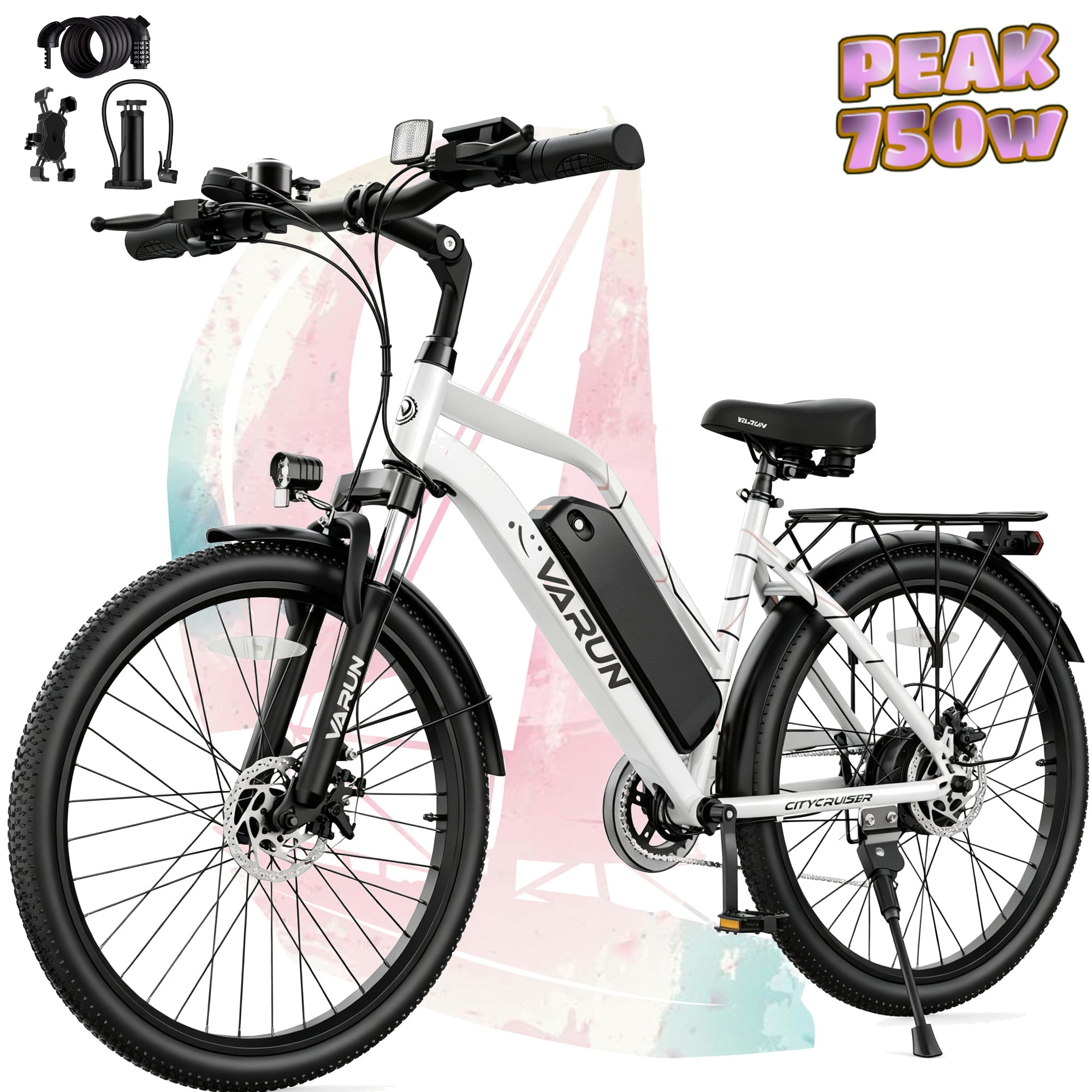 Electric Bike, 24" EBike with 750W Peak Motor, 48V 374.4Wh Removable Battery, 20+MPH, 7-Speed Gears, Includes Bike Pump, Phone Holder & Bike Lock - Commuter E-Bike for Men & Women, UL2849