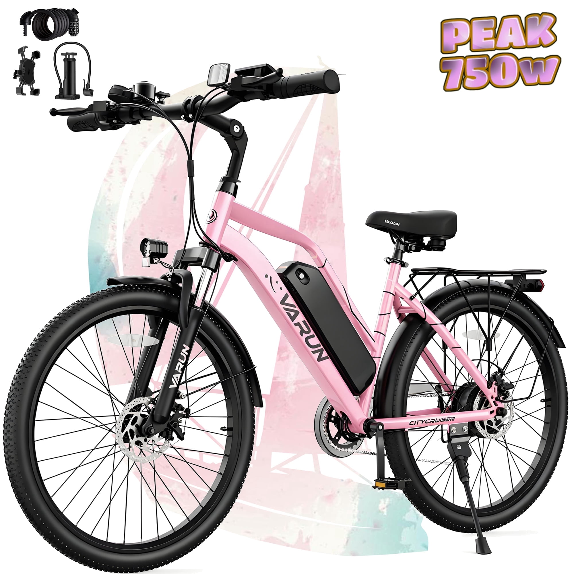 Electric Bike, 24" EBike with 750W Peak Motor, 48V 374.4Wh Removable Battery, 20+MPH, 7-Speed Gears, Includes Bike Pump, Phone Holder & Bike Lock - Electric Bicycle for Adults, UL2849