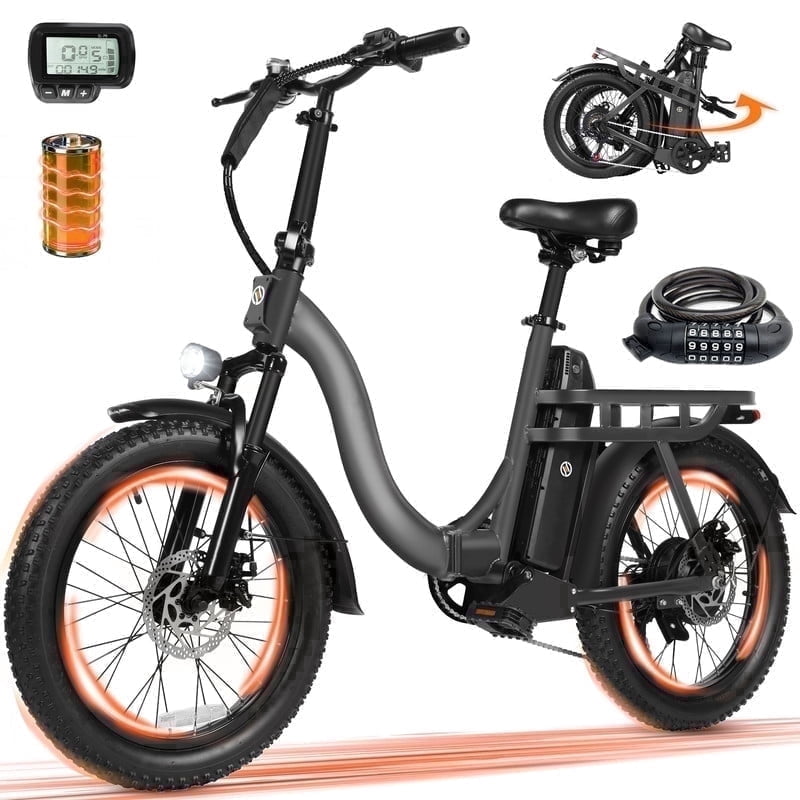 ESKUTE D200 Electric Bike for Adults 1200W Peak Motor 28 Mph, Folding Fat Tire E‑Bike, 48V 10.4Ah Up to 55 Miles, with 7‑Speed Step‑Through Cargo Fold E Bicycle, NFC Unlock, Gray with Lock, UL2849