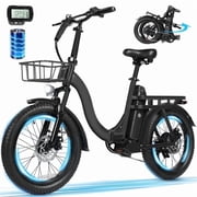 ESKUTE D200 Electric Bike for Adults 1200W Peak Motor 28 Mph, Folding Fat Tire E Bike, 48V 10.4Ah Up to 55 Miles, 7 Speed Step Through Cargo E Bicycle, NFC Unlock, Black with Front Basket, UL2849
