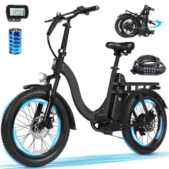 D200 Electric Bike for Adults 1200W Peak Motor 28 Mph, Folding 20x3 Fat Tire E‑Bike, 48V 10.4Ah Battery Up to 55 Miles, with 7‑Speed Step‑Through Cargo Fold E Bicycle, NFC Unlock, Black with Lock
