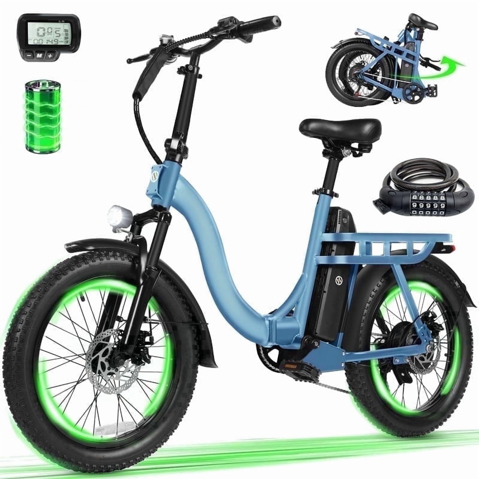 ESKUTE D200 Electric Bike for Adults 1200W Peak Motor 28 Mph, Folding Fat Tire E‑Bike, 48V 10.4Ah Up to 55 Miles, with 7‑Speed Step‑Through Cargo Fold E Bicycle, NFC Unlock, Blue with Lock, UL2849