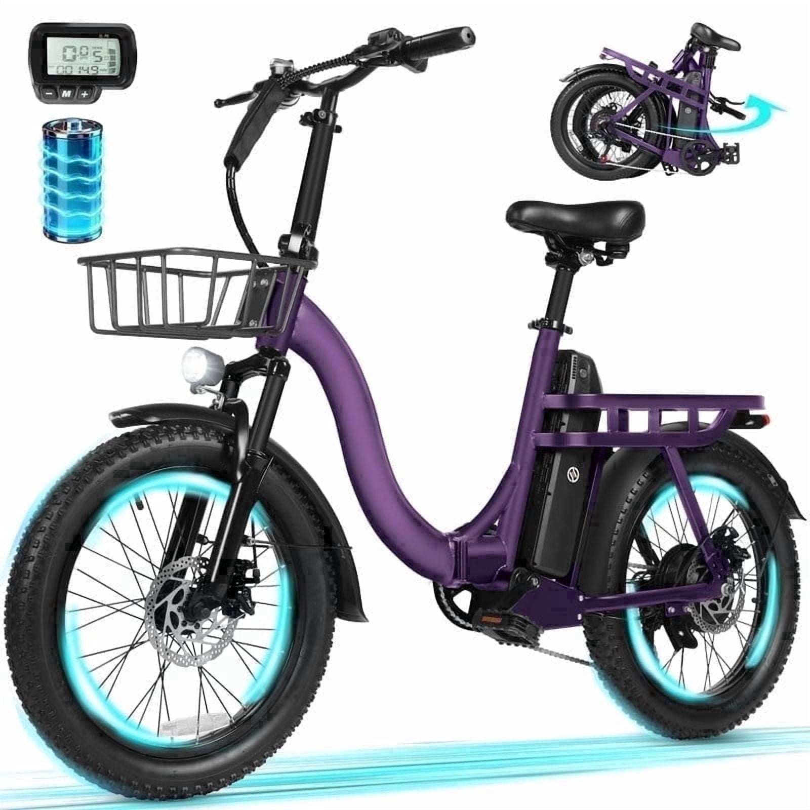ESKUTE D200 Electric Bike for Adults 750W Peak Motor 20 Mph, Folding Fat Tire E‑Bike, 48V 10.4Ah Up to 55 Miles, 7‑Speed Step‑Through Cargo E Bicycle, NFC Unlock, Black with Front Basket, UL2849
