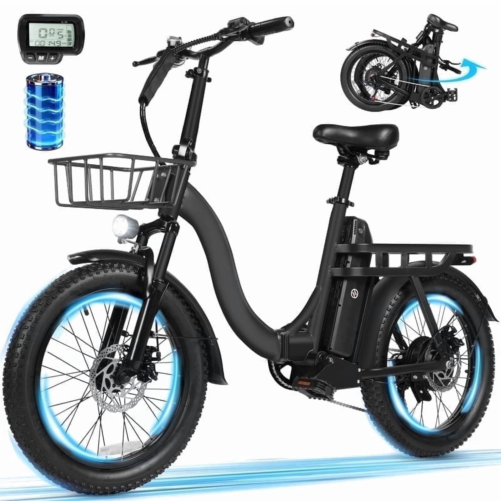 ESKUTE D200 Electric Bike for Adults 1200W Peak Motor 28 Mph, Folding Fat Tire E‑Bike, 48V 10.4Ah Up to 55 Miles, 7‑Speed Step‑Through Cargo E Bicycle, NFC Unlock, Black with Front Basket, UL2849