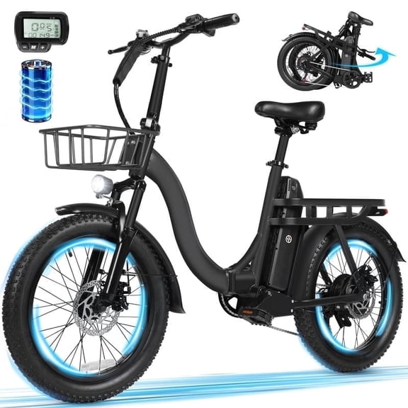 D200 Electric Bike for Adults 1200W Peak Motor 28 Mph, Folding 20x3 Fat Tire E‑Bike, 48V 10.4Ah Battery Up to 55 Miles, 7‑Speed Step‑Through Cargo E Bicycle, NFC Unlock, Black with Front Basket