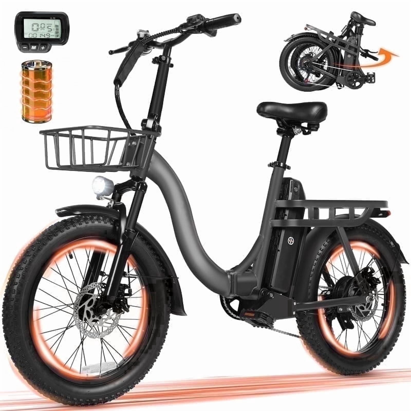 ESKUTE D200 Electric Bike for Adults 750W Peak Motor 20 Mph, Folding Fat Tire E‑Bike, 48V 10.4Ah Up to 55 Miles, 7‑Speed Step‑Through Cargo E Bicycle, NFC Unlock, Black with Front Basket, UL2849