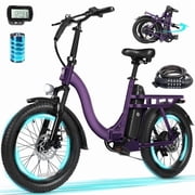 ESKUTE D200 Electric Bike for Adults 1200W Peak Motor 28 Mph, Folding Fat Tire E Bike, 48V 10.4Ah Up to 55 Miles, with 7 Speed Step Through Cargo Fold E Bicycle, NFC Unlock, Purple with Lock, UL2849