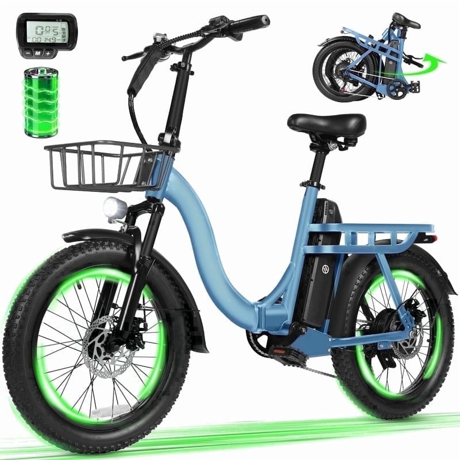 ESKUTE D200 Electric Bike for Adults 750W Peak Motor 20 Mph, Folding Fat Tire E‑Bike, 48V 10.4Ah Up to 55 Miles, 7‑Speed Step‑Through Cargo E Bicycle, NFC Unlock, Black with Front Basket, UL2849