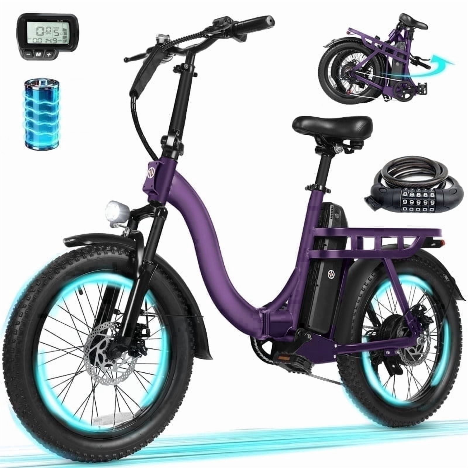 ESKUTE D200 Electric Bike for Adults 1200W Peak Motor 28 Mph, Folding Fat Tire E‑Bike, 48V 10.4Ah Up to 55 Miles, with 7‑Speed Step‑Through Cargo Fold E Bicycle, NFC Unlock, Purple with Lock, UL2849