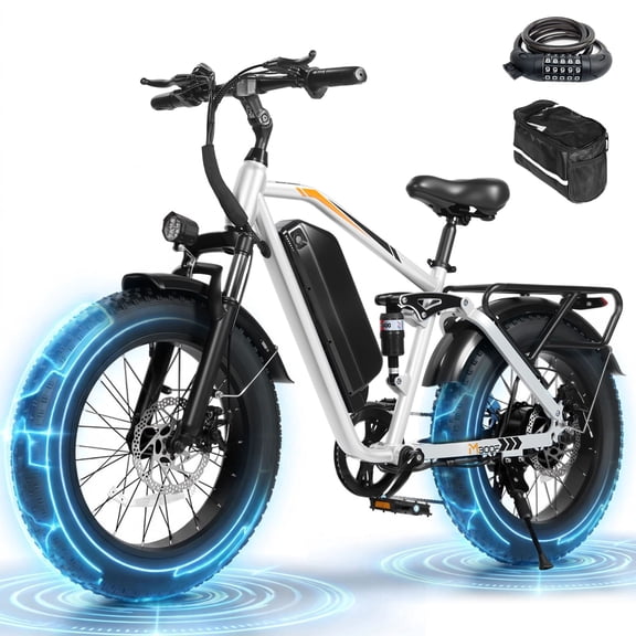 Electric Bike for Adults, 1200W Peak Motor, 48V 20.8Ah Removable Battery, Up to 80 Miles Range, 20"x4.0" Fat Tires, Full Suspension, 7-Speed E-Bike, White with Phonebag & Lock