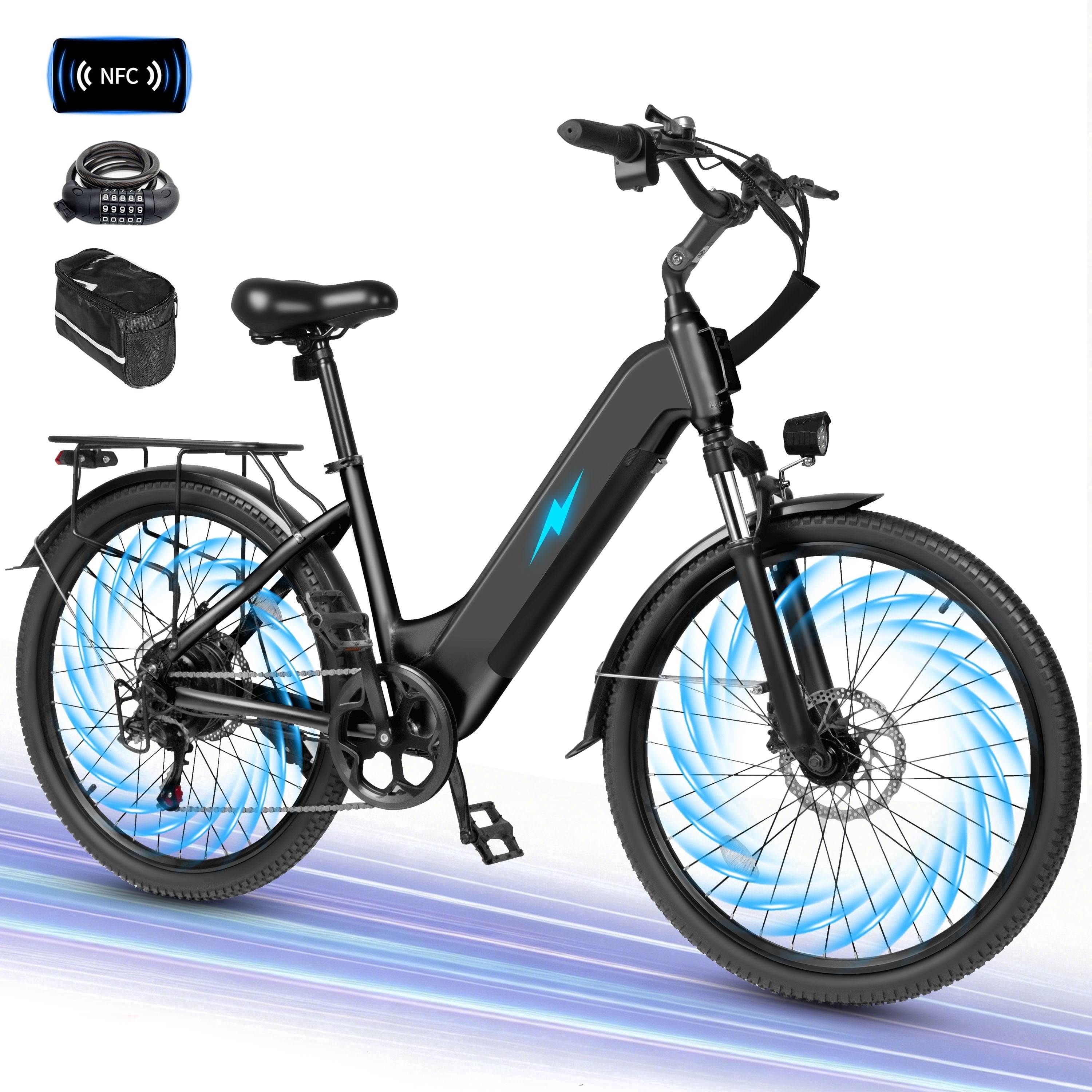 Electric Bike for Adults – 1300W Peak Motor, 28MPH, 840Wh Removable Battery, Up to 70-Mile Range, 26" Tires, 7-Speed Adjustable Stem, Step-Thru, Black with Phonebag & Lock