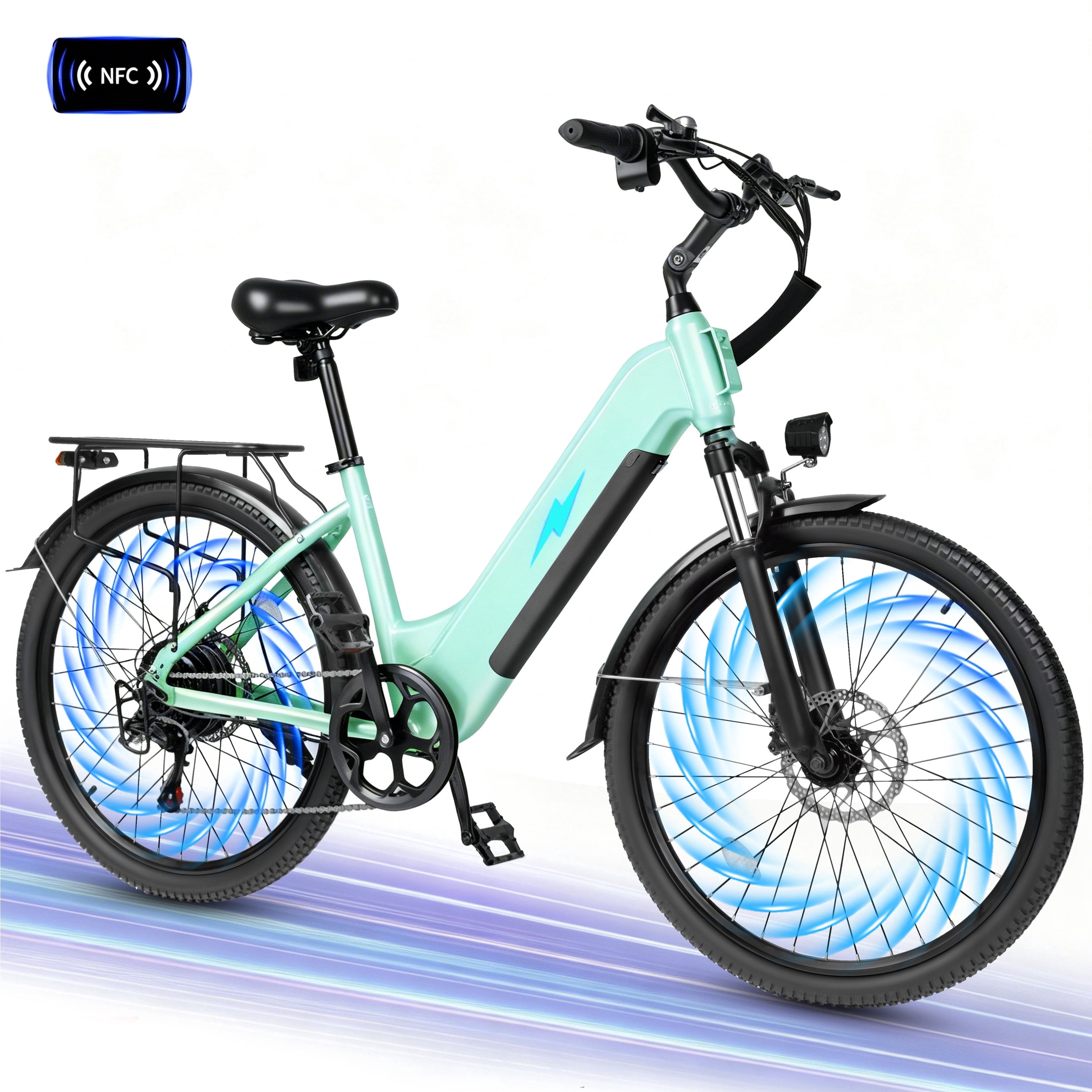 Electric Bike for Adults – 1300W Peak Motor, 28MPH, 840Wh Removable Battery, Up to 70-Mile Range, 26" Tires, 7-Speed Adjustable Stem, Step-Thru, Green