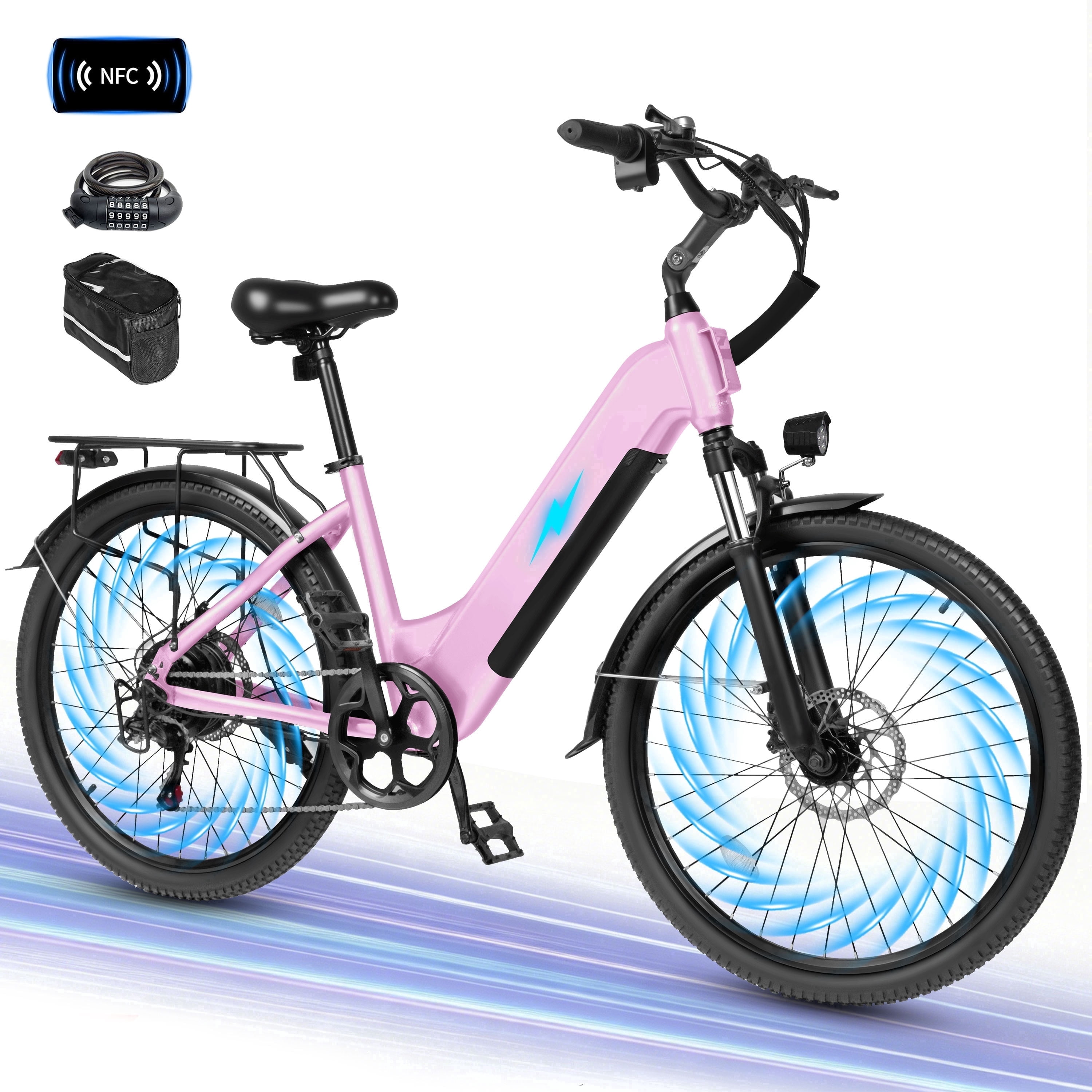 Electric Bike for Adults – 1300W Peak Motor, 28MPH, 840Wh Removable Battery, Up to 70-Mile Range, 26" Tires, 7-Speed Adjustable Stem, Step-Thru, Pink with Phonebag & Lock