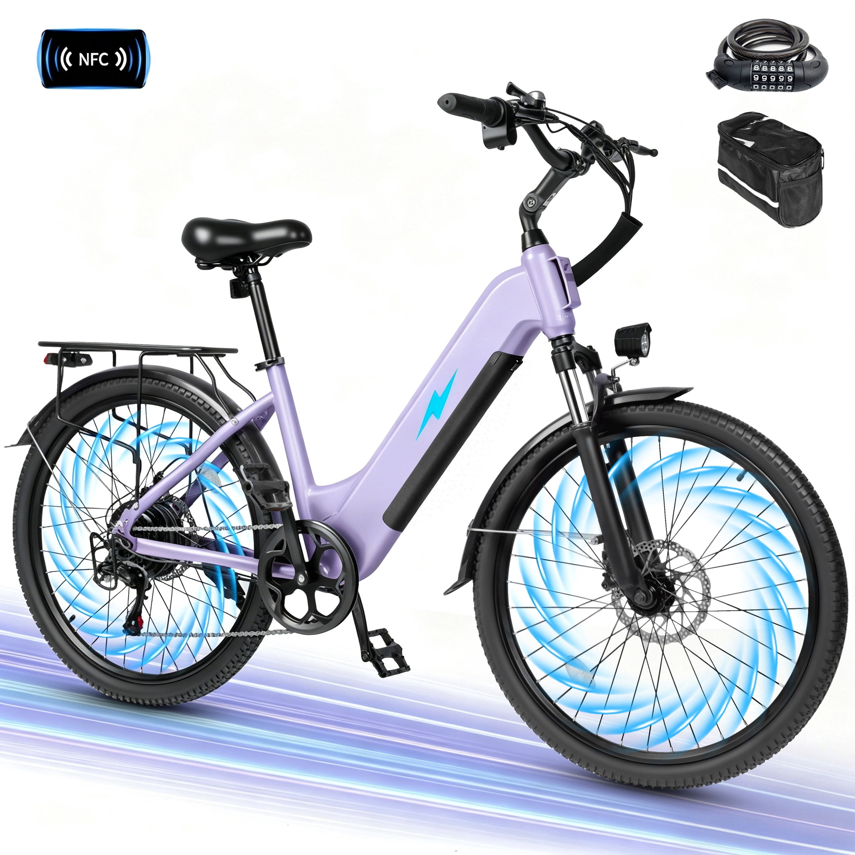 Electric Bike for Adults – 1300W Peak Motor, 28MPH, 840Wh Removable Battery, Up to 70-Mile Range, 26" Tires, 7-Speed Adjustable Stem, Step-Thru, Purple with Phonebag & Lock