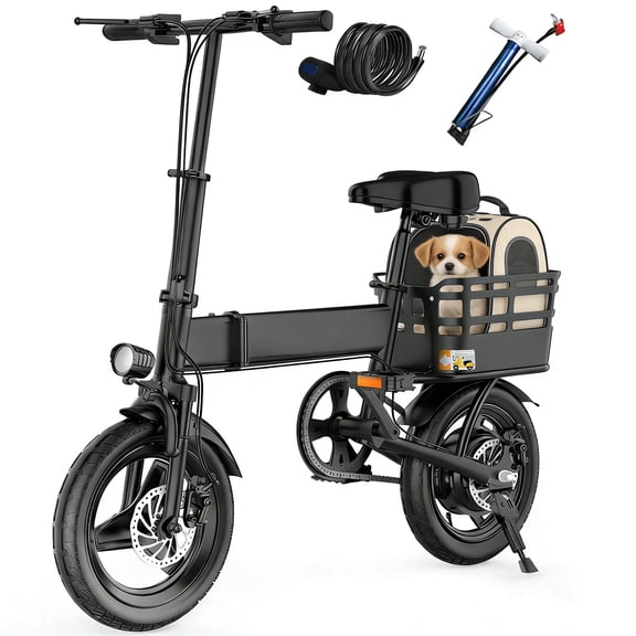 14" Folding Electric Bicycles with 350W Peak 500W,35 Miles 20MPH 12Ah Battery ,Ebike for Adults with Basket,UL2849