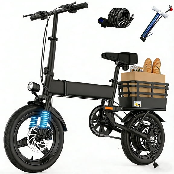 14" Folding Electric Bicycles with 350W Peak 500W,35 Miles 20MPH 12Ah Battery ,Ebike for Adults with Basket,UL2849